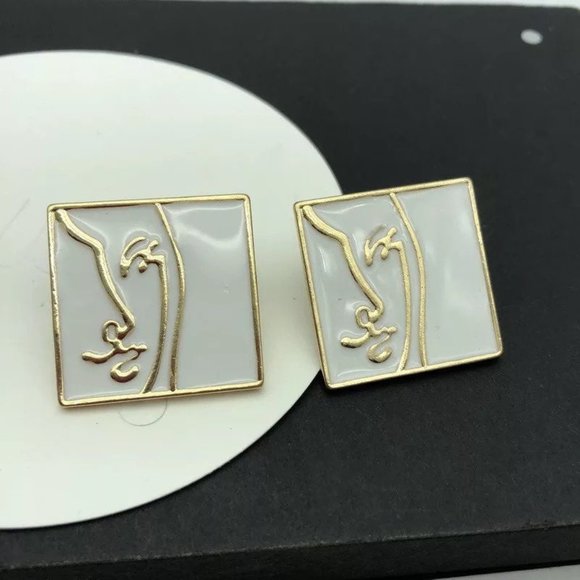 White & Gold Geometric Stud Earrings - Picture 1 of 2